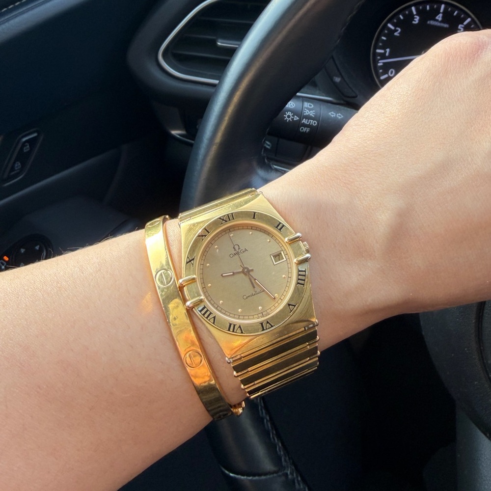 Omega Gold Plated Tone Roman Bezel Bracelet Watch